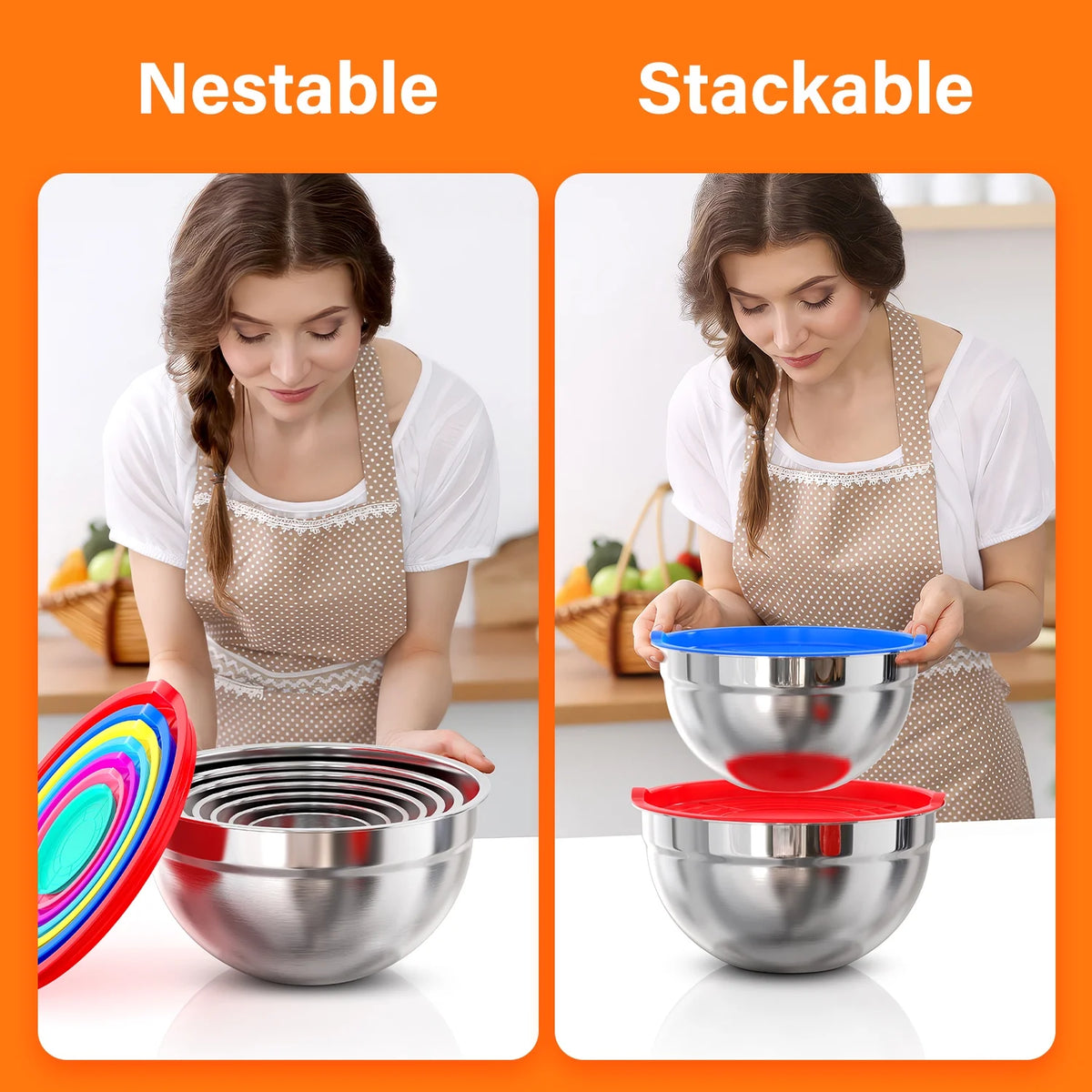 7 Pack Stainless Steel Mixing Bowls with Lids, Nesting Kitchen Prep and Food Storage Bowls Set, up to 7 Qt, Dishwasher Safe, Color